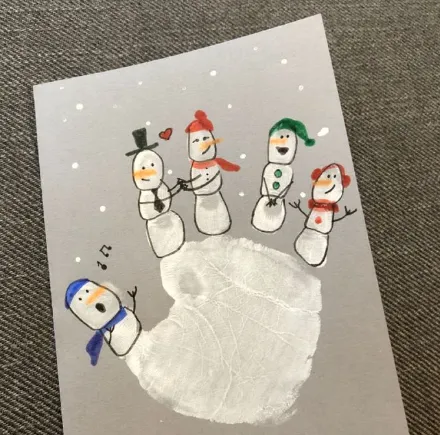 Новогодние открытки с отпечатками ладошек и пальцев — снеговички