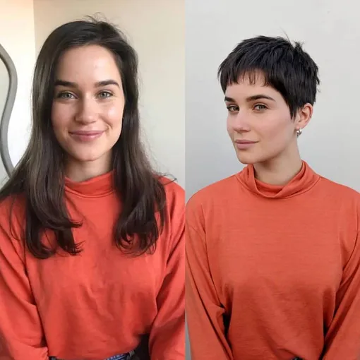 Фото стрижек до и после, портрет девушки со стрижкой пикси