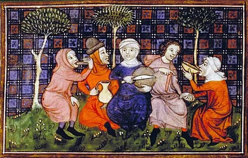 Группа путешественников разделяет простую трапезу из хлеба и напитков, Livre du roi Modus et de la reine Ratio, XIV век