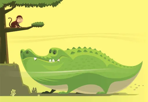 мультяшная мартышка сидит на дереве, зеленый толстый крокодил под деревом