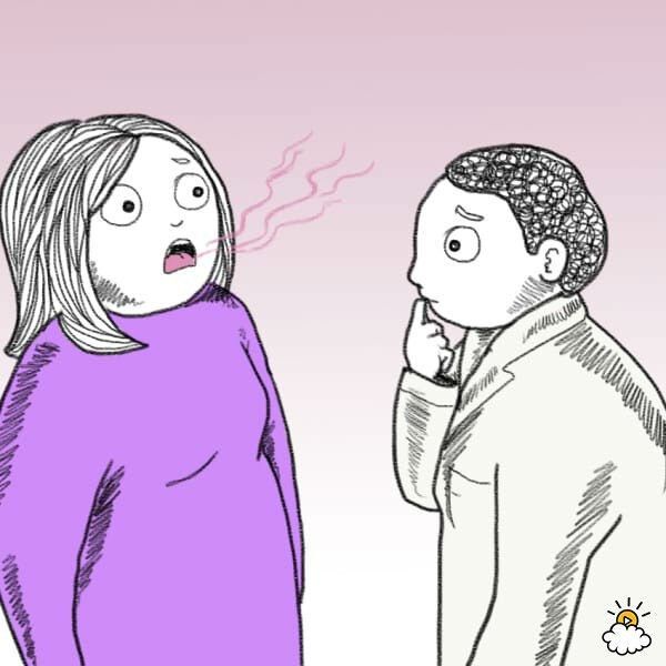 Нарисованные люди разговаривают, девушка не понимает, какие причины изменения запаха изо рта