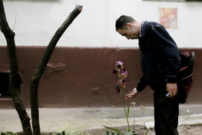 Максим показывает растения, которые он посадил возле подъезда своего дома