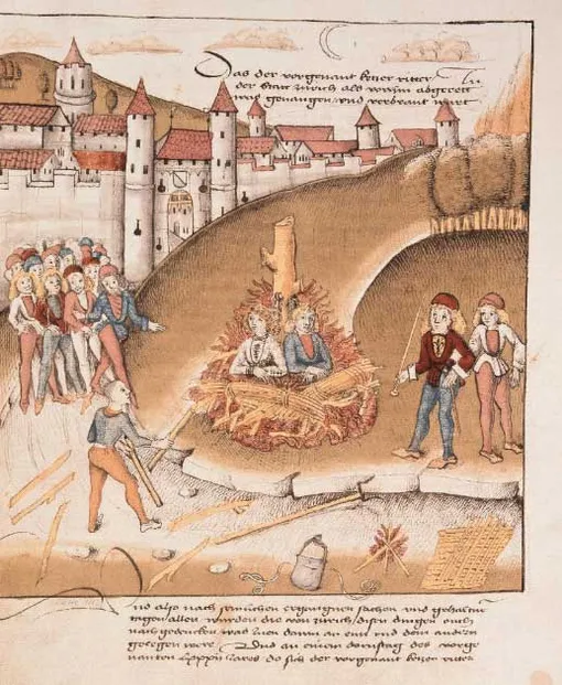 Сожжение рыцаря Ричарда Пуллера фон Хоэнбурга и его слуги перед стенами Цюриха за содомию, около 1483 года
