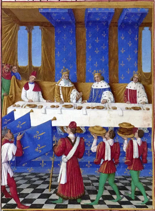 Банкет, данный в Париже в 1378 году королём Франции Карлом V для короля Германии Карла IV и его сына Венцеля. Миниатюра Жана Фуке, 1455—1460.