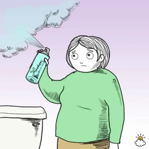 Нарисованная девушка брызгает освежителем воздуха, так как у нее изменения запаха кала