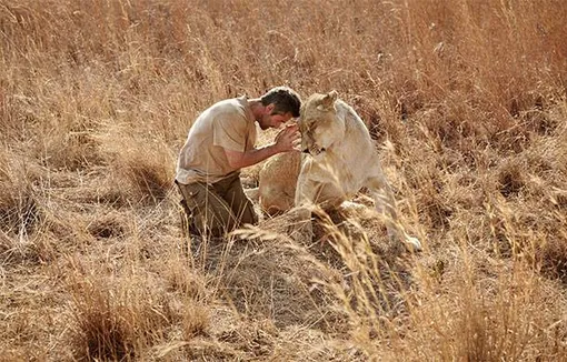 человек обнимает львицу