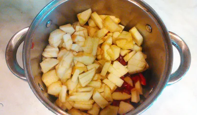 Очищаем от кожуры яблоки, вынимаем сердцевины. Удаляем семенные коробки у болгарских и острых перцев. Нарезаем не очень большими кусочками, кладём в кастрюлю и перемешиваем.