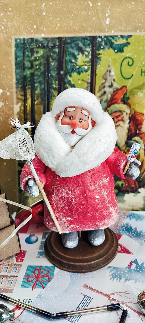 Дед Мороз с сачком ватная ёлочная игрушка фото