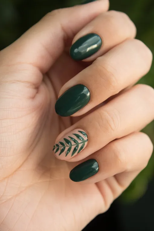Тёмно-зелёный маникюр с рисунком на одном ногте фото дизайн ногтей