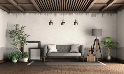 Гостиная в стиле ретро со старыми стенами, деревянным потолком и деревянным полом