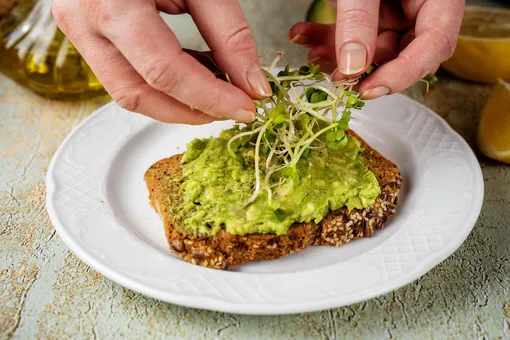Руки кладут микрозелень на бутербрд с авокадо