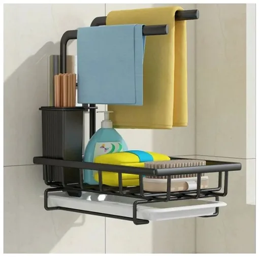 Кухонный органайзер на мойку можно разместить на стене при помощи клейкой ленты