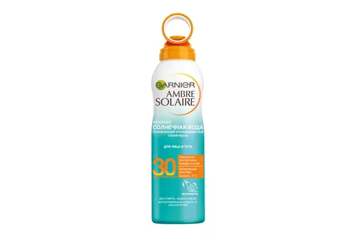 ​Освежающий солнцезащитный сухой спрей-вуаль для лица и тела Ambre Solaire «Солнечная вода» SPF 30, Garnier
