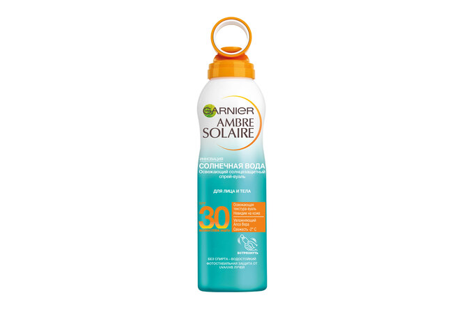 ​Освежающий солнцезащитный сухой спрей-вуаль для лица и тела Ambre Solaire «Солнечная вода» SPF 30, Garnier