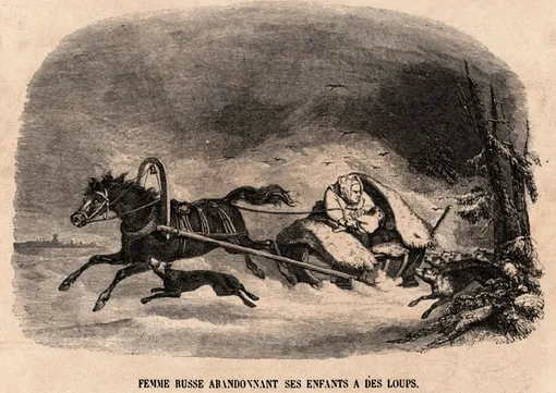 Русская женщина бросает своих детей на съедение волкам, гравюра Шарля-Мишеля Жофруа. Источник: Lacroix, Frédéric (d. 1864)