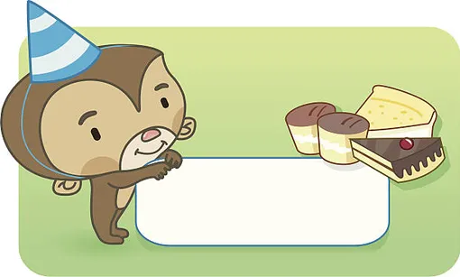 мультяшная обезьяна, два маффина и два куска торта