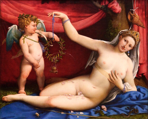 Картины эпохи Возрождения. Лоренцо Лотто. Венера и Купидон.