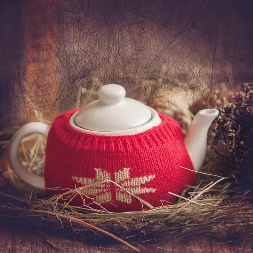 Стильная грелка для заварочного чайника в виде красно-белого свитера