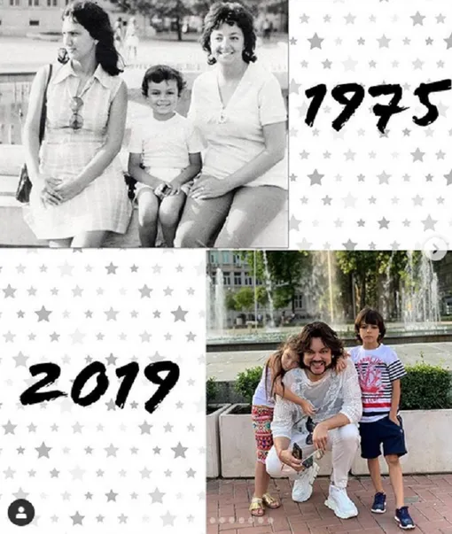 Филипп Киркоров в детстве с матерью и тетей (слева), с детьми (справа)