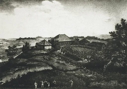 Усадьба Михайловское в 1837 году. Литография П. А. Александрова по рисунку И. С. Иванова