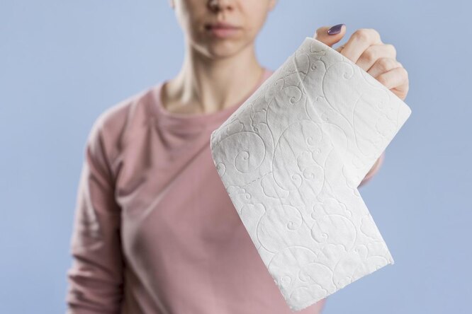 Девушка вытянула руку с туалетной бумагой, призыв не терпеть в туалет
