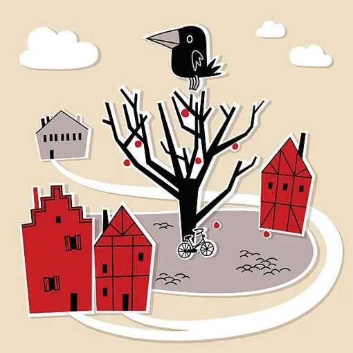 мультяшная ворона сидит на дереве, вокруг красные домики