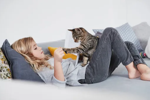 девочка с кошкой на диване