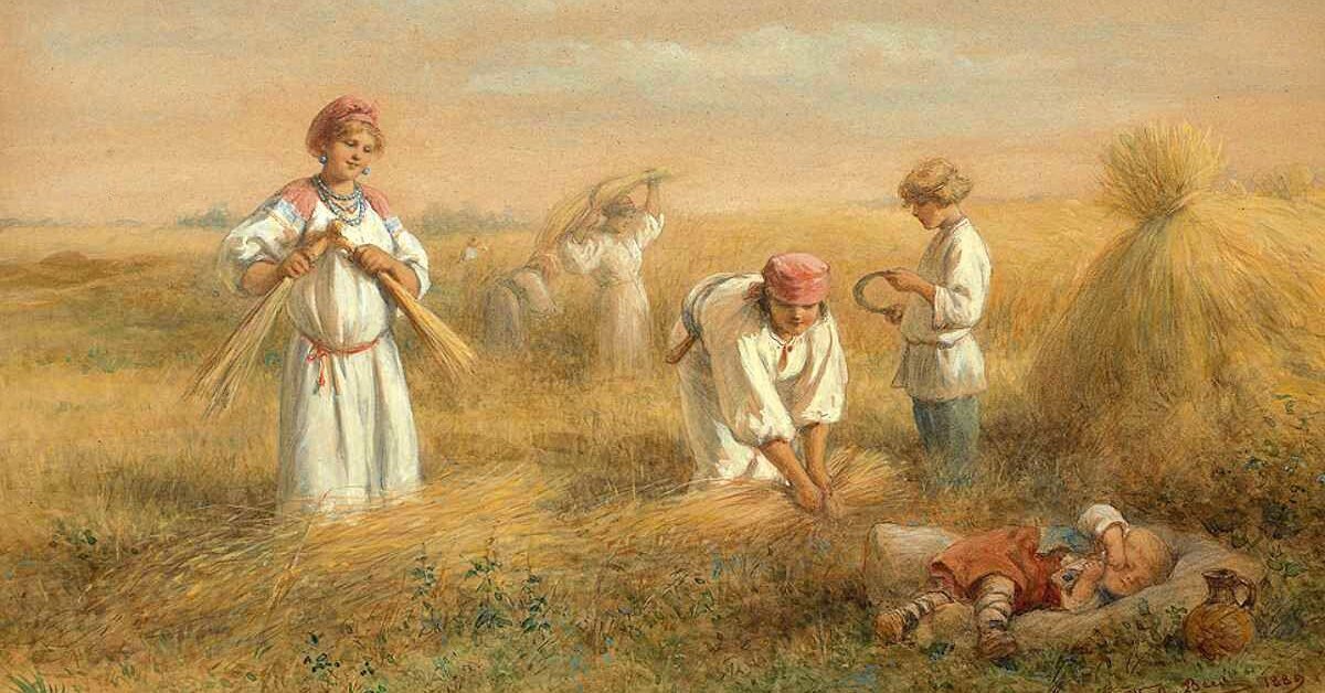 Рисунок как лучшая в селе жница зажинает первый сноп на поле
