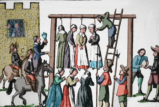 Инквизиция. Публичное повешение ведьм. 1678. Эдинбург. Гравировка.