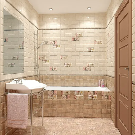 Узоры на стене из керамической плитки в ванной смотрятся очень красиво