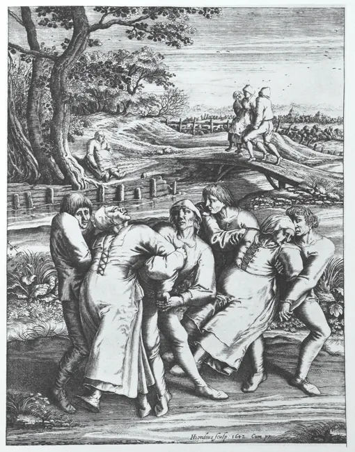 Гравюра Гендрика Гондиуса, изображающая трёх женщин, поражённых танцевальной чумой