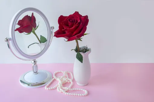 на столе стоит зеркало, роза в вазе и ожерелье