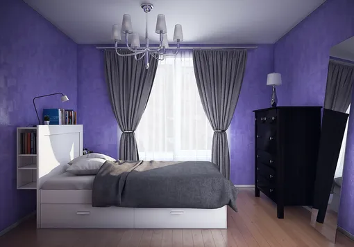 Интерьер, оформленный в фиолетово-серых тонах, выглядит роскошно и благородно