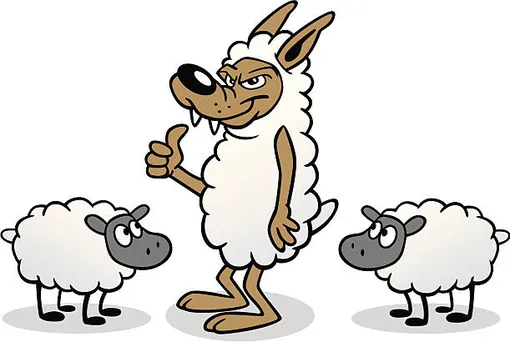 мультяшный волк в овечьей шкуре и две овцы