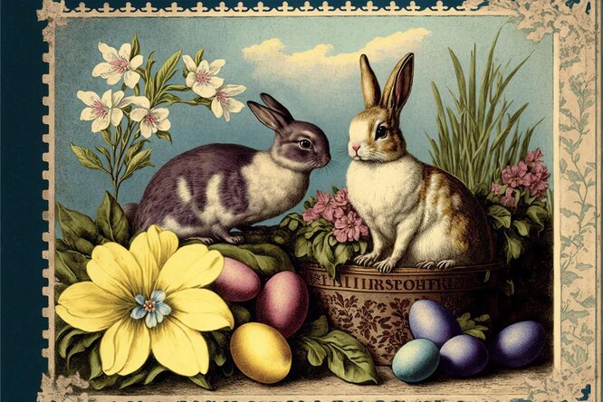 Винтажная открытка с пасхальными зайцами