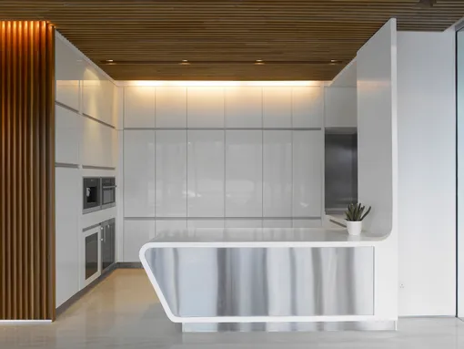 Кухня с глянцевыми панелями в сочетании с деревянным потолком
