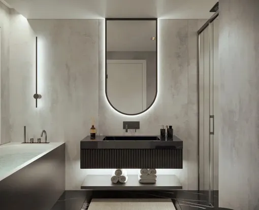 декор ванной комнаты в серых оттенках