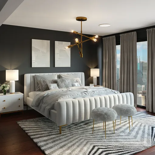 Серый, бежевый и чёрный цвета в дизайне интерьера современной спальне