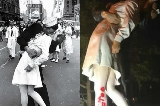 Моряк целует медсестру — романтика или насилие? На известной скульптуре появилась надпись #metoo
