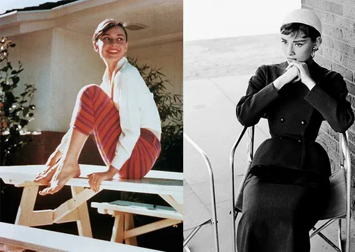 Слева направо: Одри Хепберн в объективе Марка Шоу (Mark Shaw), 1954 год; кадр из фильма «Сабрина», 1954 год