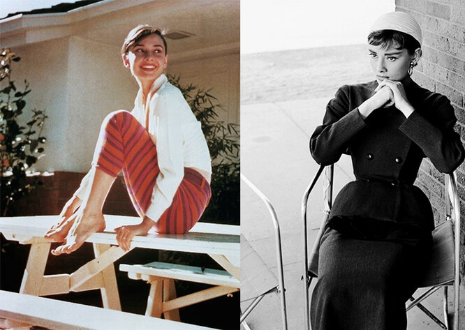 Слева направо: Одри Хепберн в объективе Марка Шоу (Mark Shaw), 1954 год; кадр из фильма «Сабрина», 1954 год