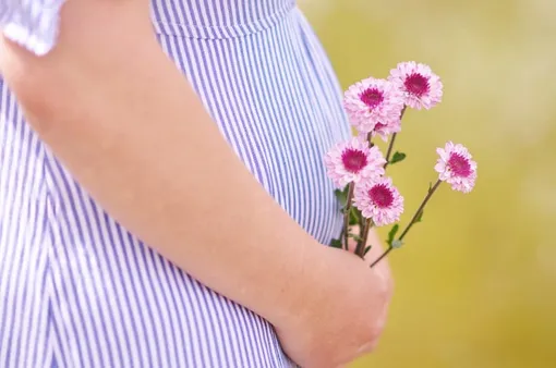 Беременная женщина держит цветы в руках