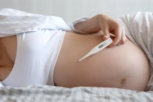 Беременная женщина держит градусник