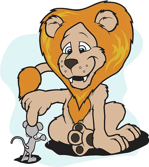 мультяшный лев придерживает пальцем мультяшную мышь