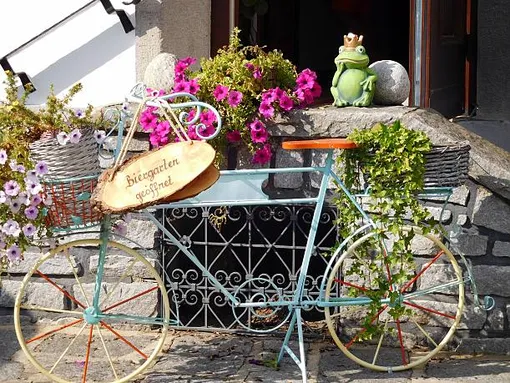 композиция перед входной дверью — цветы, плющ, велосипед