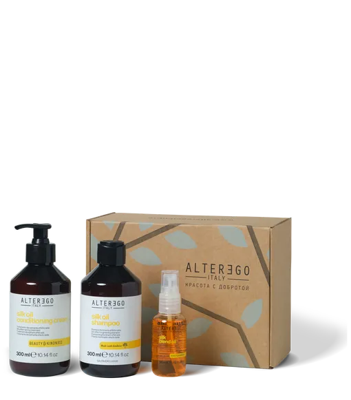 Роскошный подарочный набор Silk Oil от AlterEgo Italy: шампунь, кондиционирующий крем и масло для волос для блеска и гладкости волос