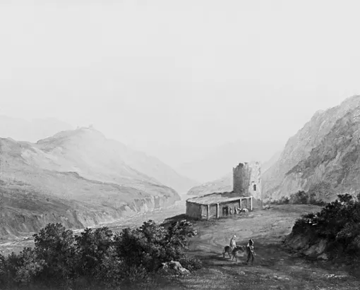 Репродукция картины «Сакля в горах Кавказа», 1838 г. Автор — поэт Михаил Лермонтов