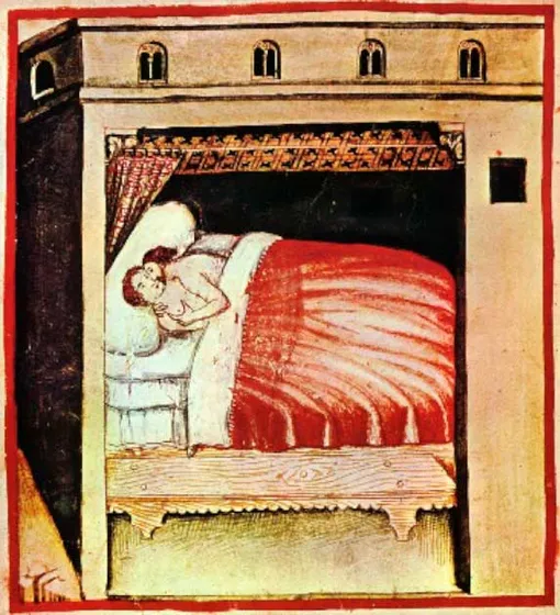 Рисунок из манускрипта 14-го века Tacuinum Sanitatis, изображающий пару в постели