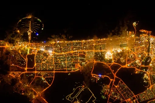 Вид ночного Дубая из космоса. Слева – Пальма Джумейра. Фото: NASA