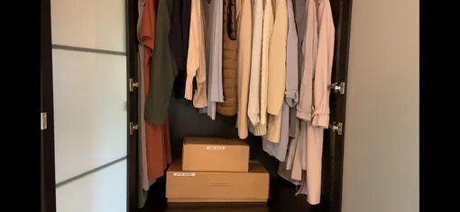 Кстати, если длинную одежду сдвинуть в одну сторону или ближе к стенкам шкафа, а в центре оставить только короткие вещи, можно вниз поставить коробки.